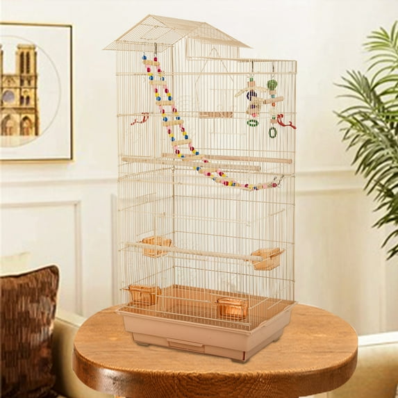 CL.HPAHKL 39-inch Bird Cage Roof Top Design, Metal Parakeet Cage with Pet Toy for Parakeet Lovebirds Ringneck Cockatiels Parrot Cage, Almond
