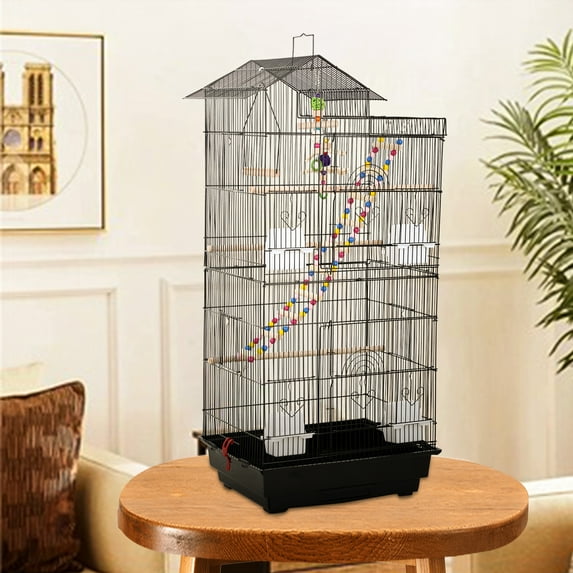 CL.HPAHKL 39-inch Bird Cage Roof Top Design, Metal Parakeet Cage with Pet Toy for Parakeet Lovebirds Ringneck Cockatiels Parrot Cage, Black