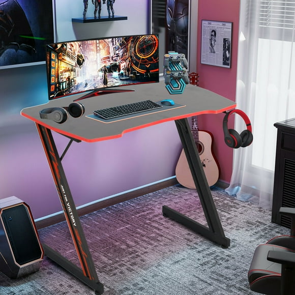 CL.HPAHKL 39 inch Small Gaming Desk, Z Shaped PC Computer Desk Gaming Workstation with Headphone Hook, Ergonomic Gaming Table PC Desk for Game Players, Red