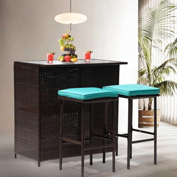 CL.HPAHKL 3PCS Patio Bar Set, Outdoor Patio Wicker Furniture Set with 2 Stools and Glass Top Table for Backyard, Porch, Garden or Poolside, Blue