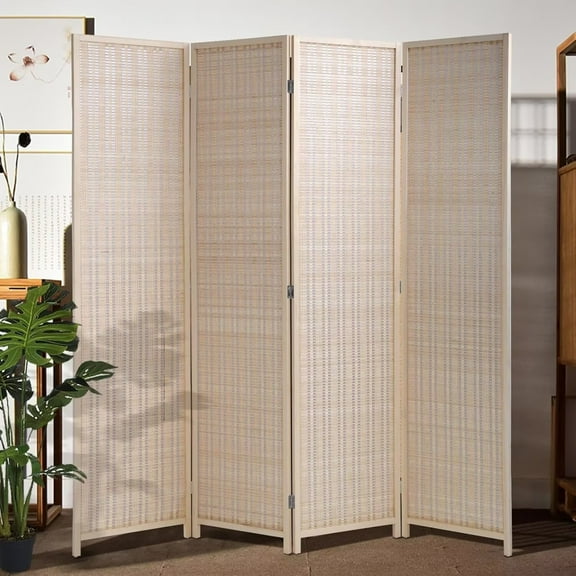 CL.HPAHKL 4 Panel Bamboo Folding Room Divider 6 Ft Tall, Wall Divider for Room Separation, Portable Freestanding Partition with Double Hinges, Indoor Privacy Screen for Studio, Bedroom, Natural