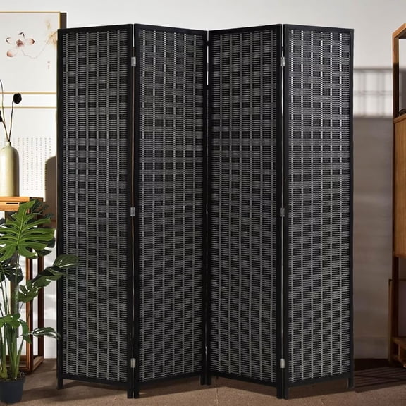 CL.HPAHKL 4 Panel Bamboo Folding Room Divider 6 Ft Tall, Wall Divider for Room Separation, Portable Freestanding Partition with Double Hinges, Indoor Privacy Screen for Studio, Bedroom, Black