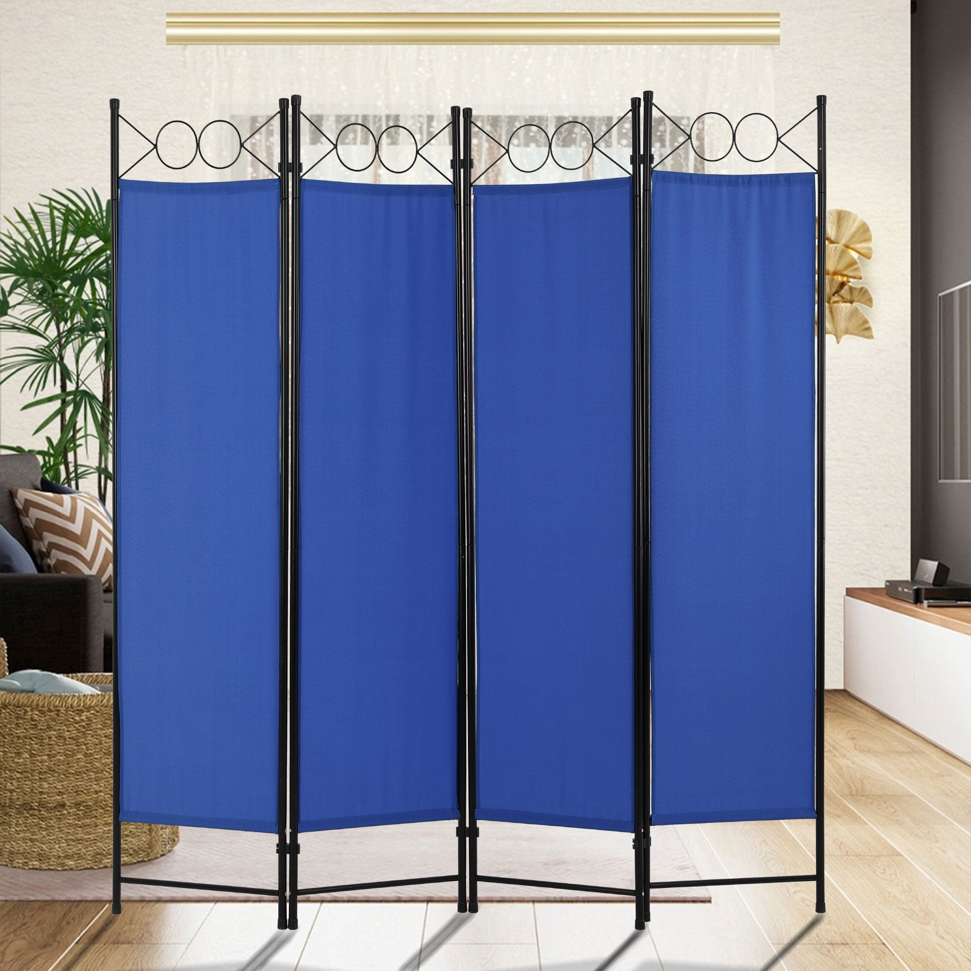 CL.HPAHKL 4 Panels Room Divider and Folding Privacy Screen, 6 ft Tall Steel Frame Wall Divider, Freestanding Space Separate Furniture Partition Room Dividers for Home Office Restaurant Bedroom, Blue