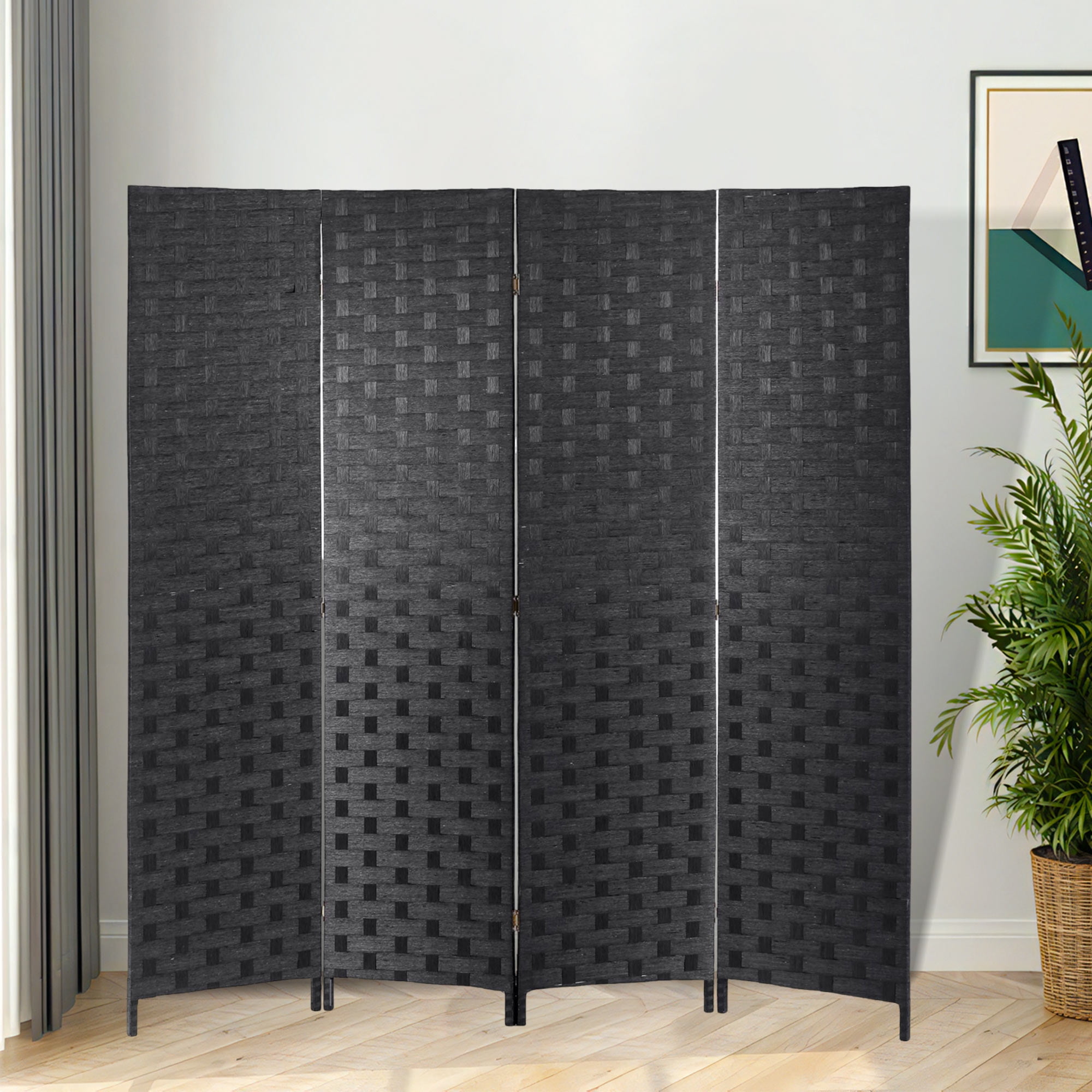 CL.HPAHKL 4 Panels Room Divider and Folding Privacy Screen, 6 ft Tall Wood Mesh Hand-Woven Design Wall Divider, Partition Room Dividers for Home Office Restaurant Bedroom
