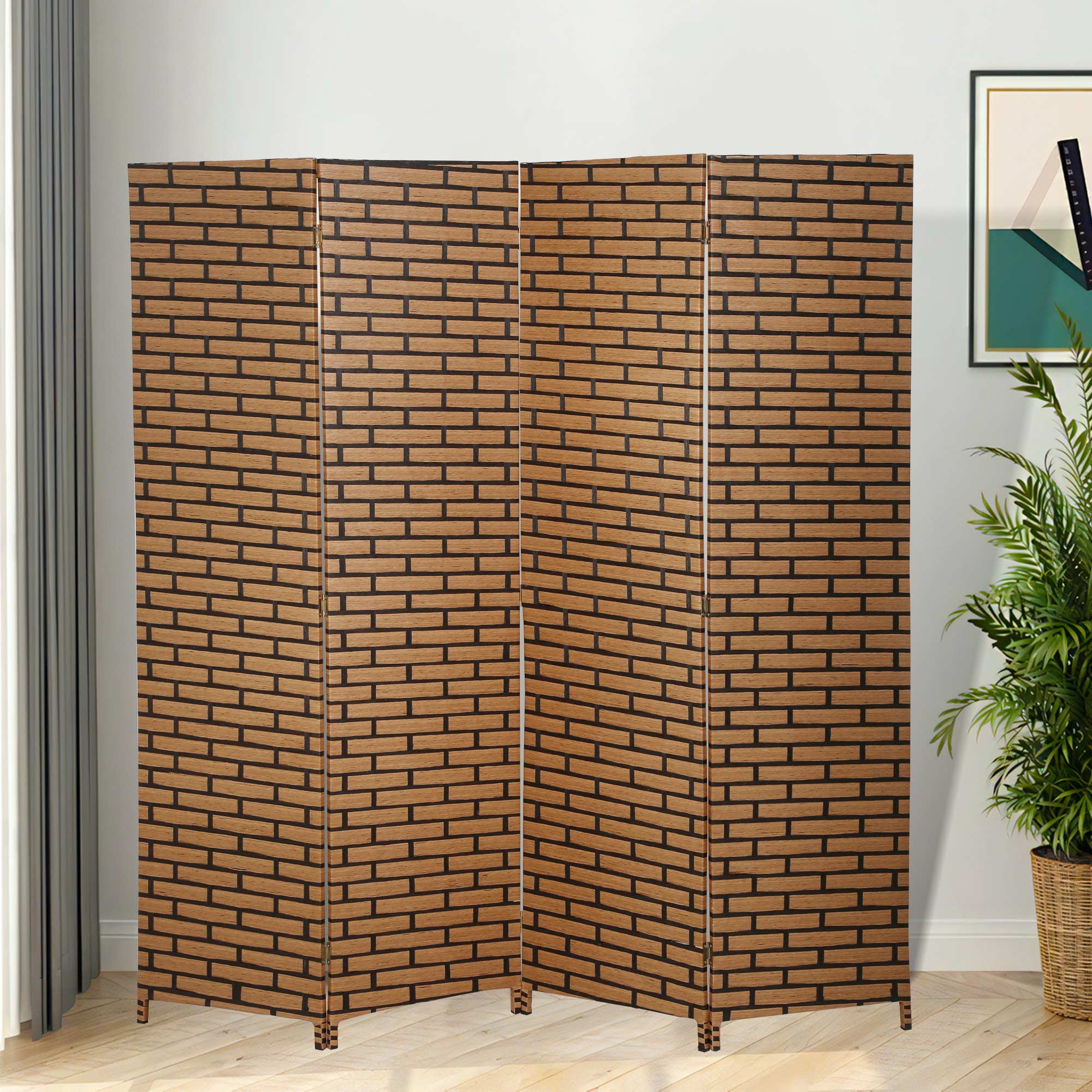 CL.HPAHKL 4 Panels Room Divider and Folding Privacy Screen, 6 ft Tall Wood Mesh Hand-Woven Design Wall Divider, Partition Room Dividers for Home Office Restaurant Bedroom