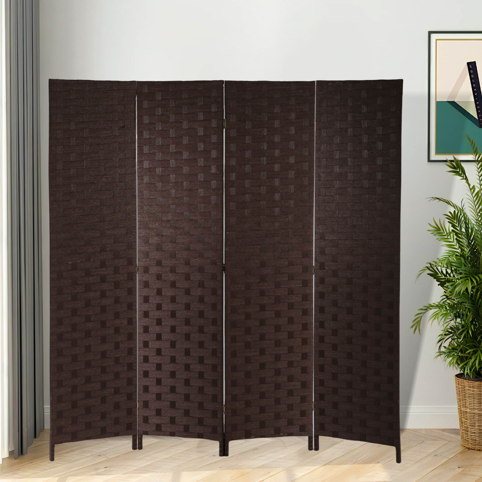 CL.HPAHKL 4 Panels Room Divider and Folding Privacy Screen, 6 ft Tall Wood Mesh Hand-Woven Design Wall Divider, Partition Room Dividers for Home Office Restaurant Bedroom