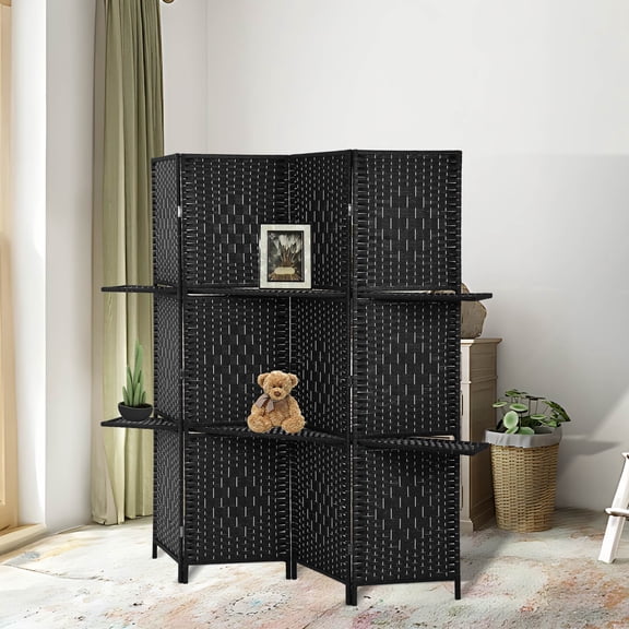 CL.HPAHKL 4 Panels Room Divider and Folding Privacy Screen, Wooden Wall Divider Room Partition Separator Screen with 2 Removable Storage Shelves for Home Office Restaurant Bedroom, Black
