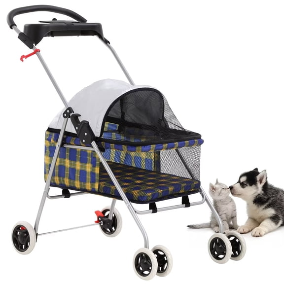 CL.HPAHKL 4 Wheels Outdoor Pet Folding Stroller, Waterproof Travel Dog Stroller with Cup Holder & Zippered Mesh Windows, Pad Canopy Puppy Strolling Cart for Small Medium Dogs, Yellow Plaid