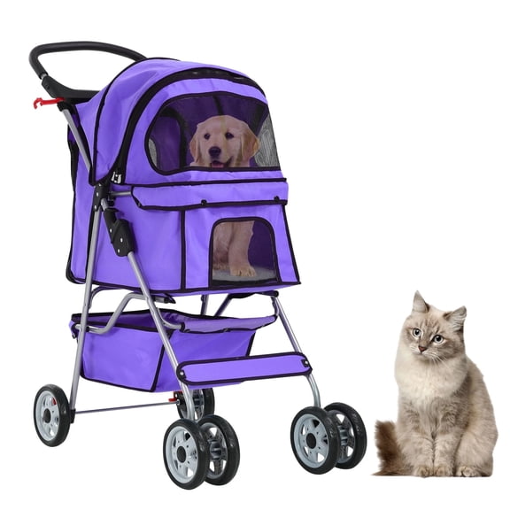 CL.HPAHKL 4 Wheels Pet Stroller, Breathable and Visible Dog Strollers with Cup Holder & Removable Liner Easy Fold Cat Strollers Portable Pet Strolling Cart with Storage Basket for Travel, Purple