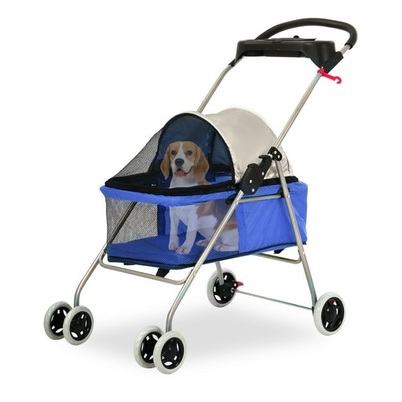 CL.HPAHKL 4 Wheels Pet Stroller, Easy-Fold Dog Stroller for Medium Small Dogs Cats, Portable Puppy Cage Jogger Stroller with Mesh Windows Lightweight for Travel, Blue