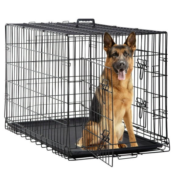 CL.HPAHKL 42 Inch Double Door Folding Portable Metal Dog Crates for Large Dogs, Large Dog Cages with Removable Trays, Locks, Divider Panel, Handle Dog Kennel for Travel, Outdoor, Carry, Home, Black