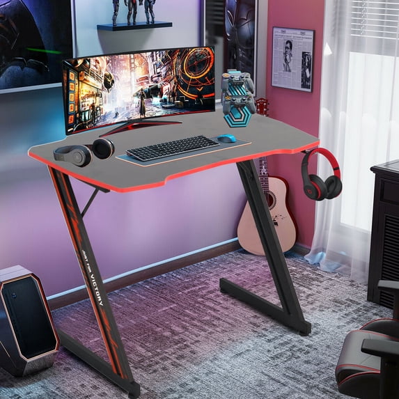 CL.HPAHKL 47 inch Gaming Desk, Z Shaped PC Computer Desk Gaming Workstation with Headphone Hook, Ergonomic Gaming Table PC Desk for Game Players, Red