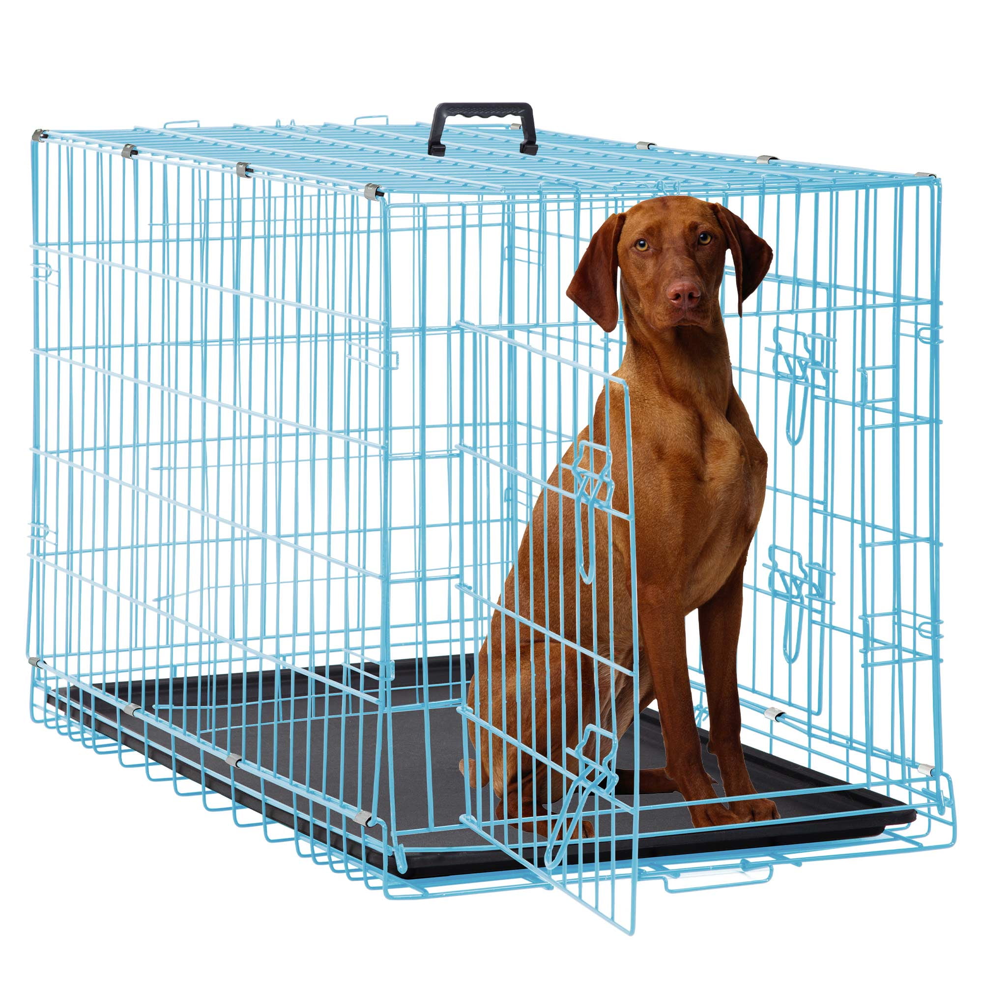 Large Blue Metal Double-Door Dog Crate with Tray