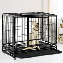 CL.HPAHKL 48inch Heavy Duty Dog Crate, Metal Dog Kennel Double Door Dog Cage with Plastic Tray and Lockable Wheels, Extra Large Crate for Large Dog Indoor Outdoor Travel
