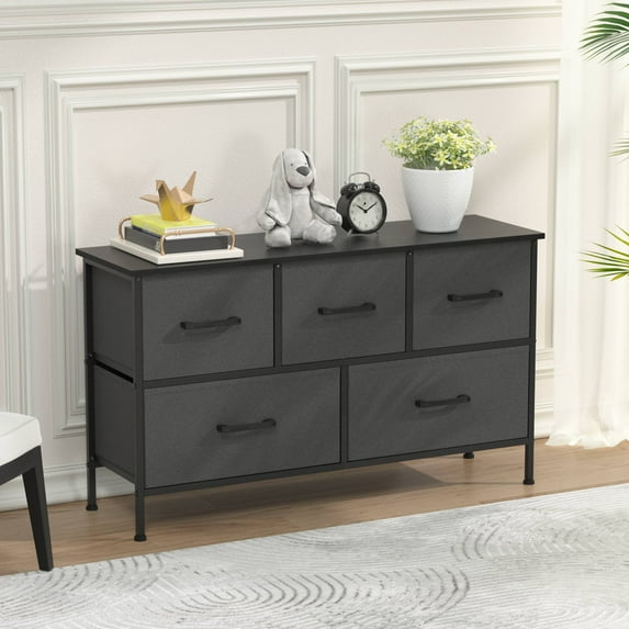 CL.HPAHKL 5 Drawer Dresser for Bedroom, Storage Organizer Unit with Sturdy Metal Frame & Wood Top, Wide Chest of Drawers for Closet, Nursery, Entryway, Gray
