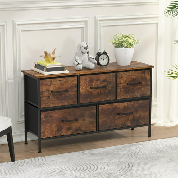 CL.HPAHKL 5 Drawer Dresser for Bedroom, Storage Organizer Unit with Sturdy Metal Frame & Wood Top, Wide Chest of Drawers for Closet, Nursery, Entryway, Nature