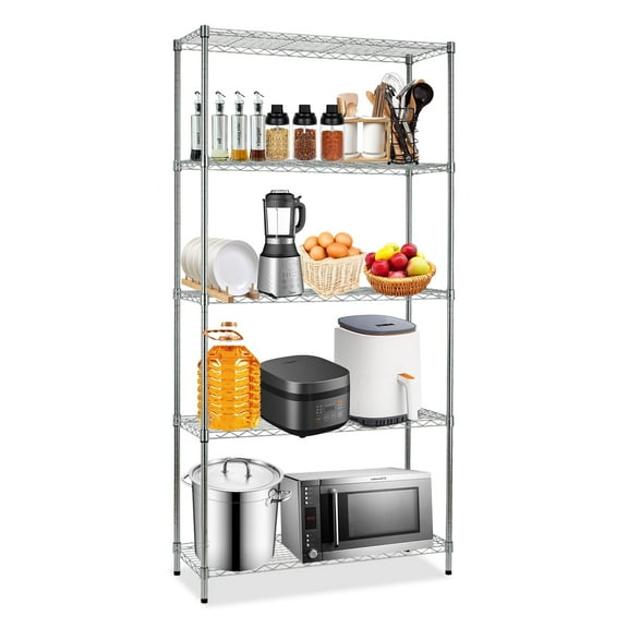 CL.HPAHKL 5 Tier Metal Storage Shelves, 72''H Standing Wire Shelving Units for Kitchen Garage Pantry Basement Bathroom Laundry, Chrome
