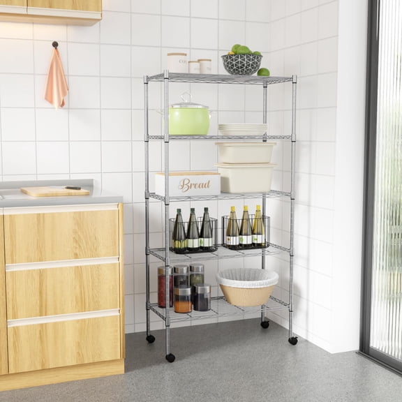 CL.HPAHKL 5-Tier Wire Shelving Unit 30"L×13.9"W×61.2"H, NSF Certified Metal Shelf, Heavy Duty Wire Rack Adjustable Storage Shelves with Wheels for Restaurant Pantry Garage, 1250lbs Capacity, Chrome