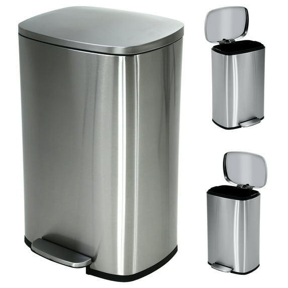 CL.HPAHKL 50 Liter / 13 Gallon Garbage Can, Fingerprint-Proof Garbage Can with Lid Stainless Steel Kitchen Trash Can with Removable Inner Bucket Step Trash Can, Brushed Stainless Steel Finish, Silver