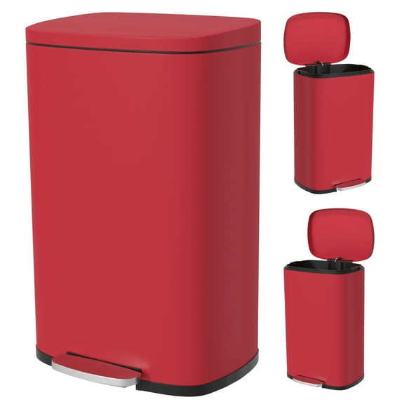CL.HPAHKL 50 Liter / 13 Gallon Trash Can, Stainless Steel Kitchen Trash Can with Removable Inner Bucket Garbage Can with Lid Step Trash Can for Home Office, Brushed Stainless Steel Finish, Red
