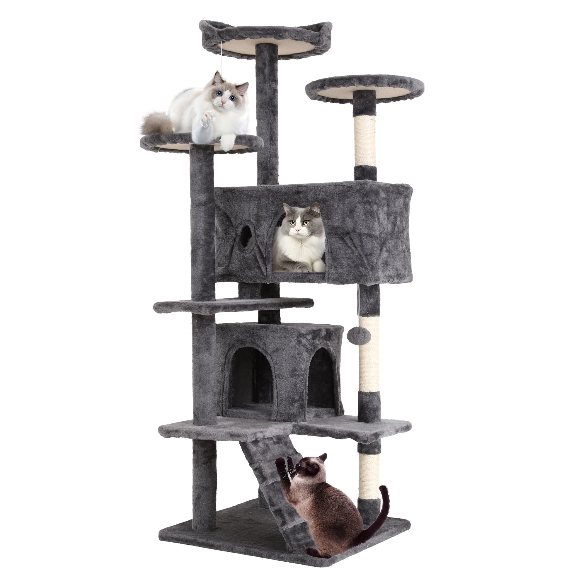 CL.HPAHKL 54-Inch Large Cat Tower with 3 Scratching Posts, Tall Cat Tree Tower with Big Cat Condo for Indoor Cat Plush Multi-Level Cat Condo with Hanging Toy for Kittens Pet House Play, Ashy