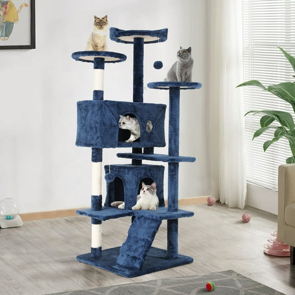 CL.HPAHKL 54In Cat Tree Tower for Large Cats, Cat Climbing Tower Cat Scratching Tree with Cat Scratching Stand, Big Cat Tree House Funny Toys for Kittens Pet(Navy Blue)