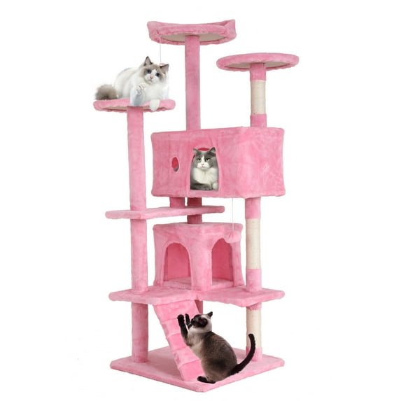 CL.HPAHKL 54In Sturdy Cat Tree House for Indoor Cat, Cat Tower with Cat Scratching Post and and 2 Plush Rooms Cat Condos with Board and Hanging Ball for Kittens Pet House Play, Pink