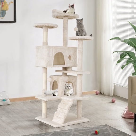CL.HPAHKL 54in Cat Tree Tower, Multi-Level Cat Tower Furniture Activity Center with Platform Scratching Posts Stand House Condo and Toy, Cat Condos for Indoor Cats Kitten Activity Relaxing, Beige