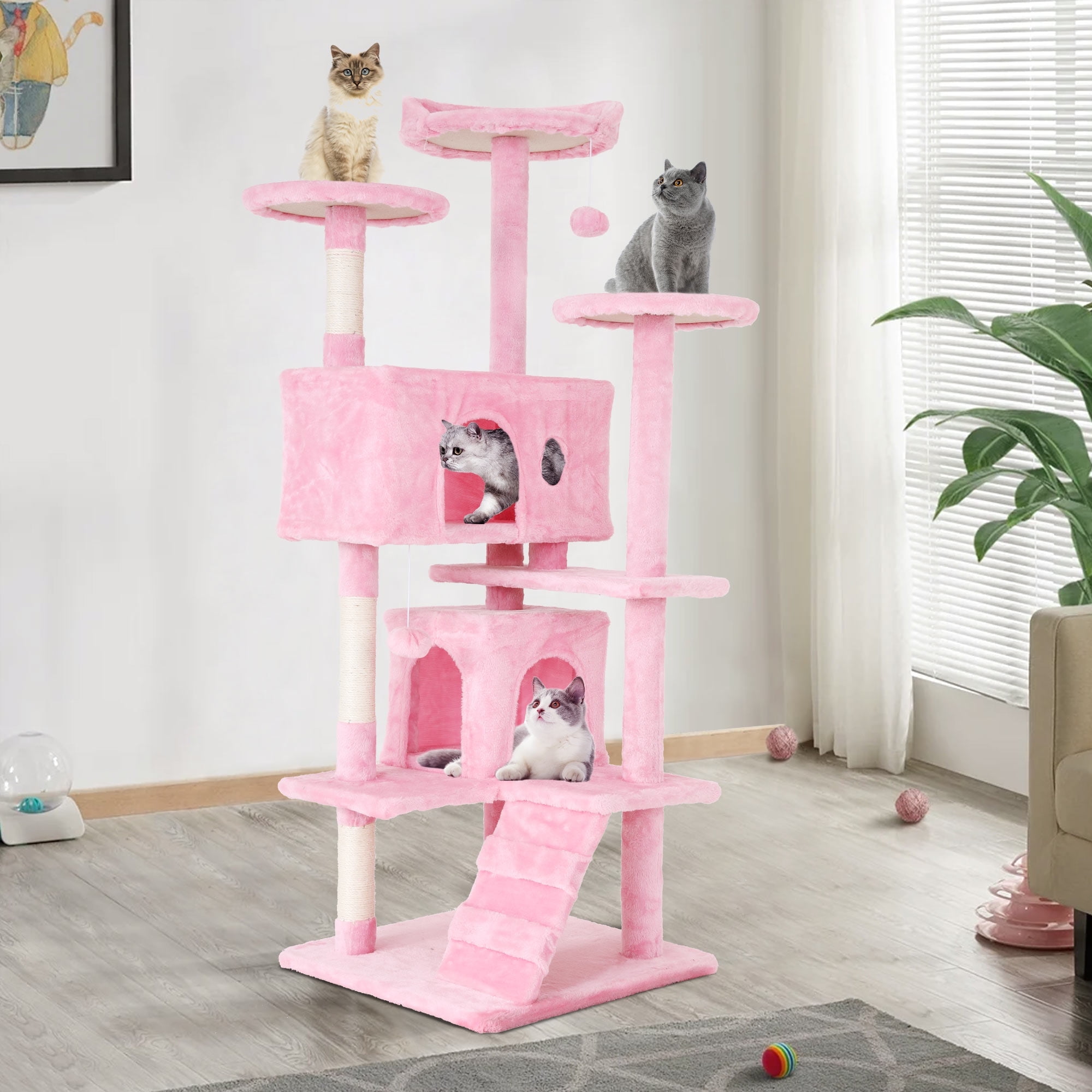 54" Pink Multi-Level Sisal Cat Tree Tower with Condos