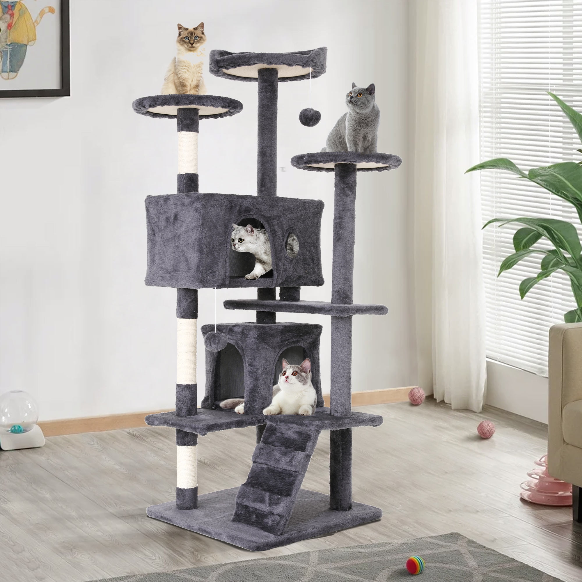 54" Light Gray Multi-Level Sisal Cat Tree Tower