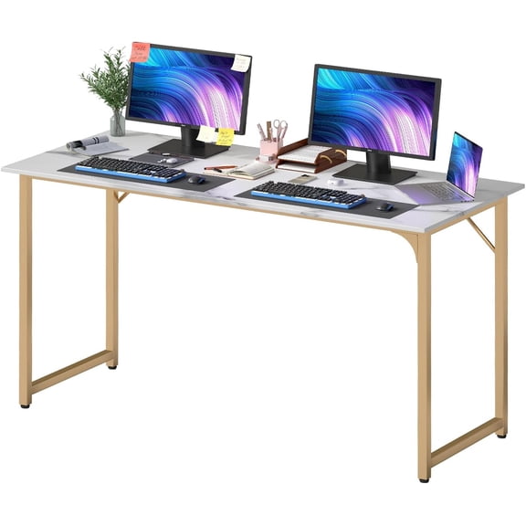 CL.HPAHKL 55 inch Computer Desk, Modern Home Office Desk with Metal Frame & Wood Tabletop, Simple Style Writing Study Work Table PC Desk for Home Bedroom, Gold