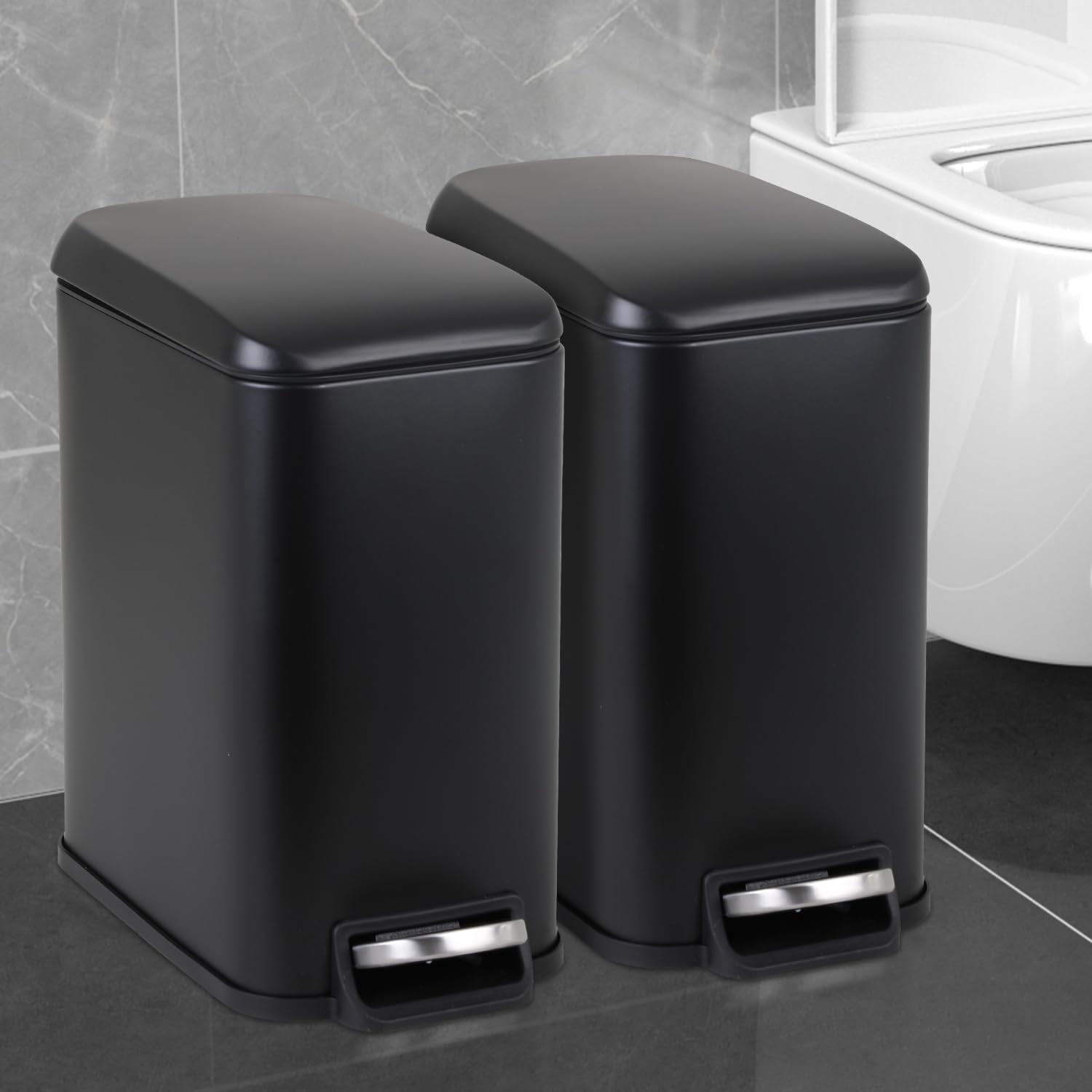 CL.HPAHKL 5L / 1.3 Gallon Slim Step Trash Can, Stainless Steel Bathroom Trash Bin with Lid & Removable Inner Bucket, Pedal Garbage Can for Bathroom,Bedroom,Home Office (2, Black)
