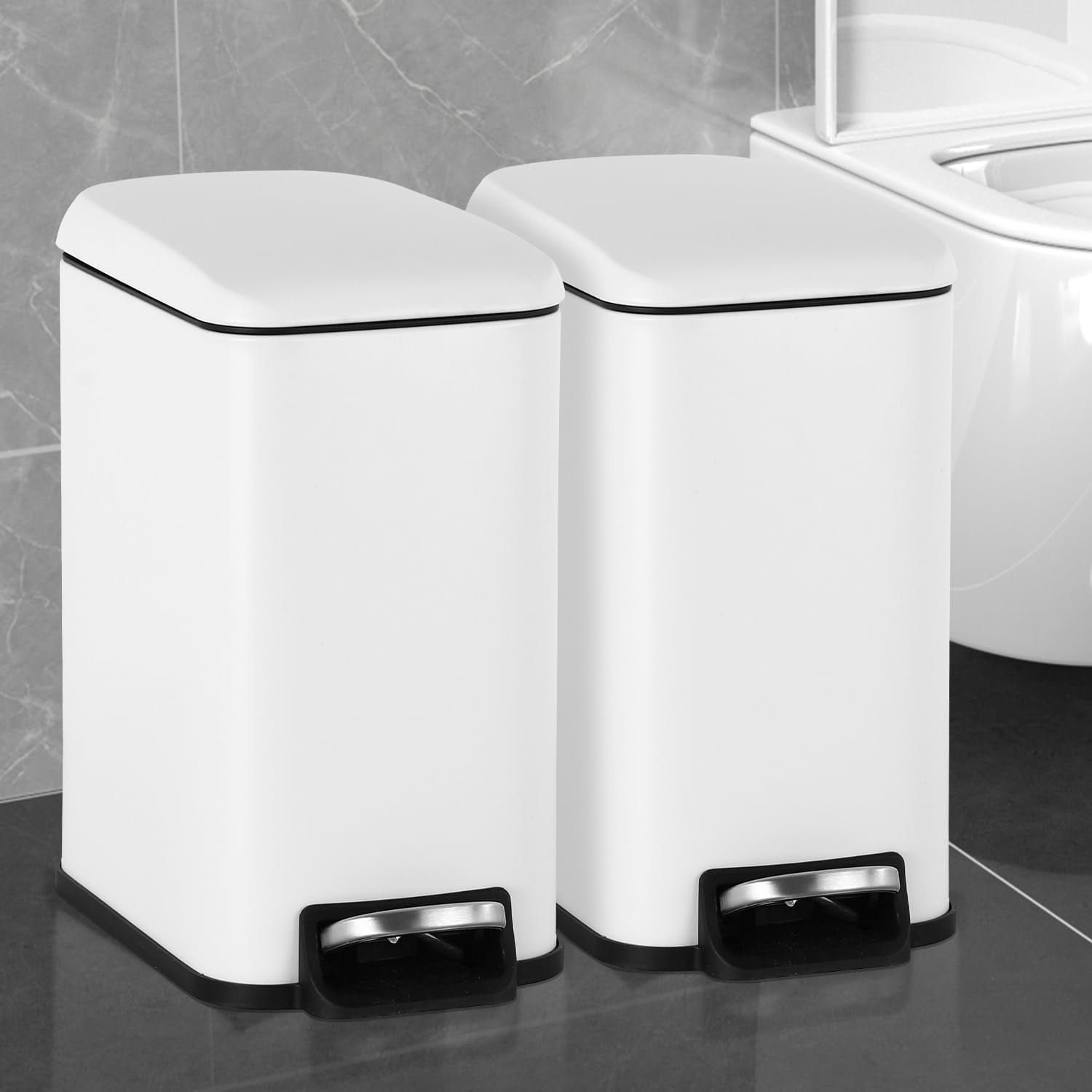 CL.HPAHKL 5L / 1.3 Gallon Slim Step Trash Can, Stainless Steel Bathroom Trash Bin with Lid & Removable Inner Bucket, Pedal Garbage Can for Bathroom,Bedroom,Home Office (2, White)