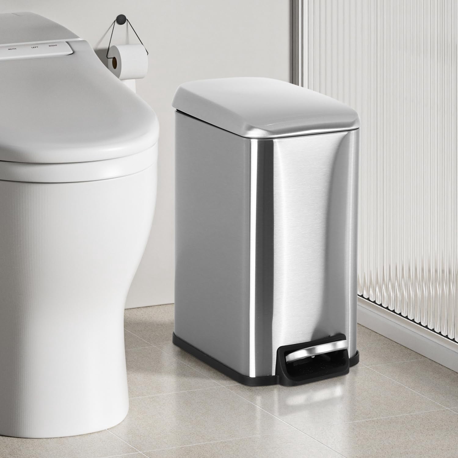 CL.HPAHKL 5L / 1.3 Gallon Step Trash Can, Stainless Steel Slim Bathroom Trash Bin with Lid & Removable Inner Bucket, Pedal Garbage Can for Kitchen, Bathroom Small Spaces (1, Silver)