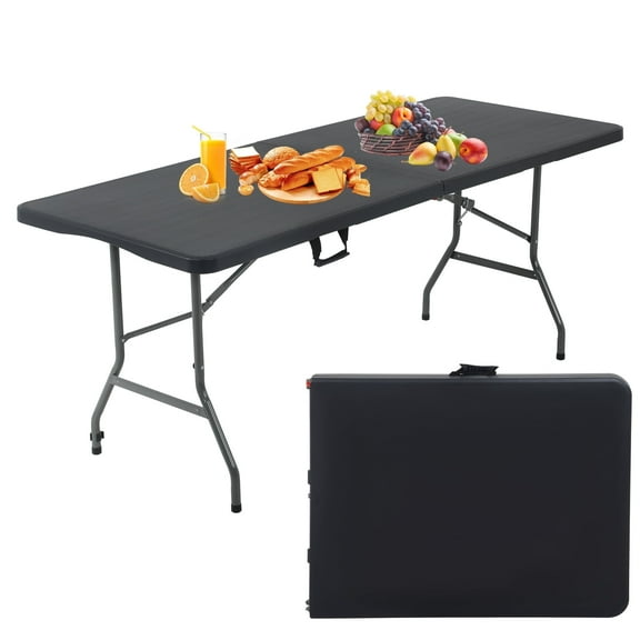 CL.HPAHKL 6 Foot Folding Table with Carrying Handle, Portable Plastic Camping Table Fold in Half, 6 ft Foldable Table with Sturdy Steel Frame for Indoor Outdoor Camping, Picnic and Party, Black
