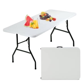 6 Foot Folding Table with Carrying Handle, plastic fold table, with Sturdy Steel Frame for Indoor Outdoor Camping, Picnic and Party, White