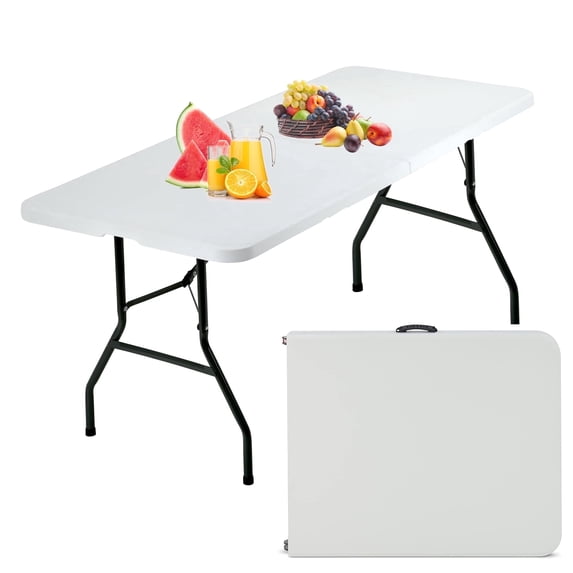 6 Foot Folding Table with Carrying Handle, plastic fold table, with Sturdy Steel Frame for Indoor Outdoor Camping, Picnic and Party, White