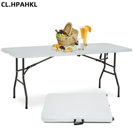 CL.HPAHKL 6 Foot Folding Table with Handle, Folding Plastic Tables Indoor Outdoor Portable Table with Collapsible Steel Legs Fold-in-Half Banquet Tables for Parties Wedding BBQ Camping, White