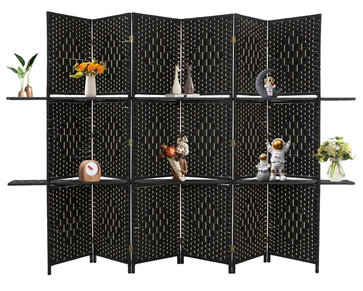 CL.HPAHKL 6 Panel Folding Wooden Room Divider, 5.88ft Tall Partition Screen with Removable Storage Shelves, Freestanding Portable Wall for Home Office Dorm Hotel, Black
