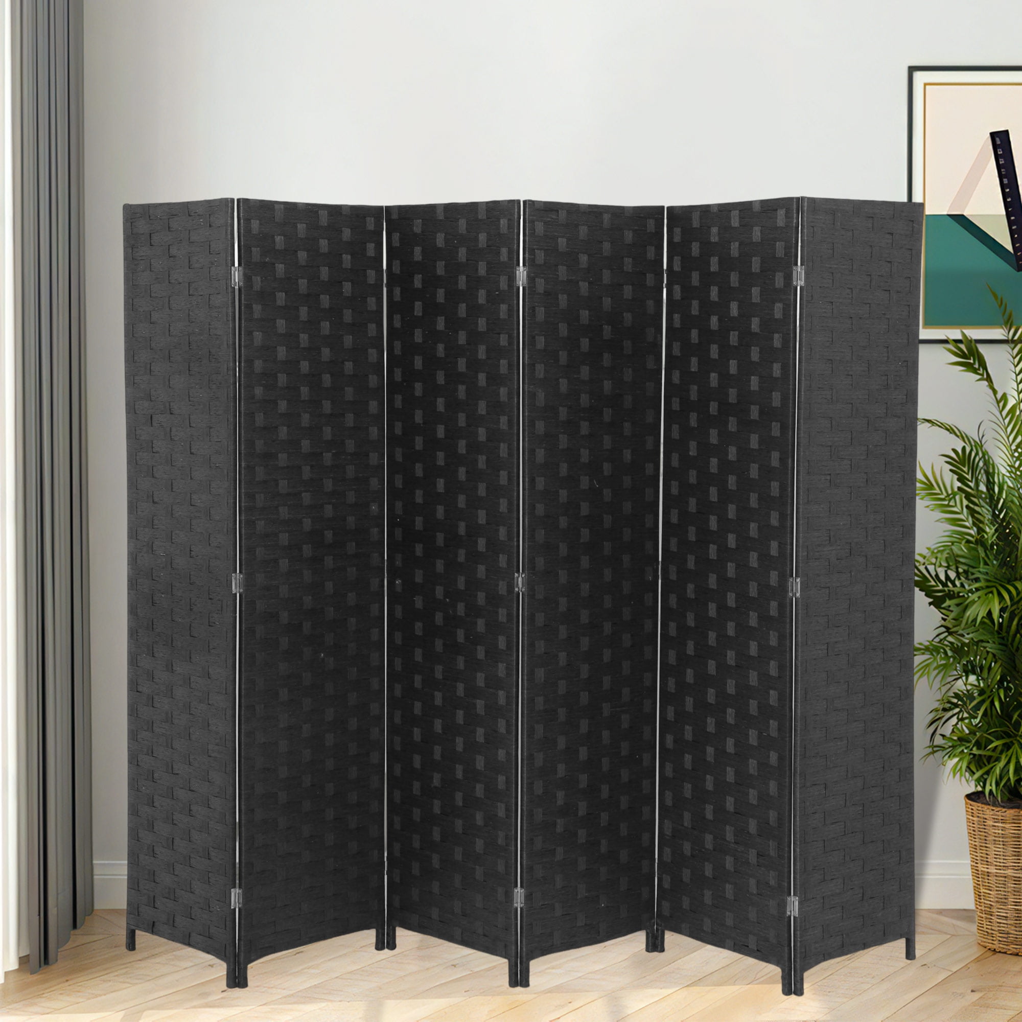 Black Woven Wood 6-Panel Folding Room Divider