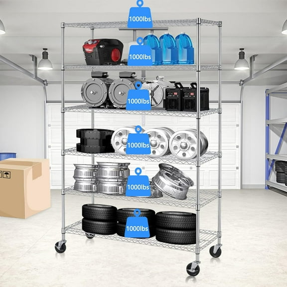 CL.HPAHKL 6-Tier Adjustable Storage Shelves 48"L×18"W×78"H, Commercial Wire Shelving Unit with Wheels, Heavy Duty Metal Shelf for Pantry, Kitchen, Basement, Garage, 6000lbs Capacity, Chrome