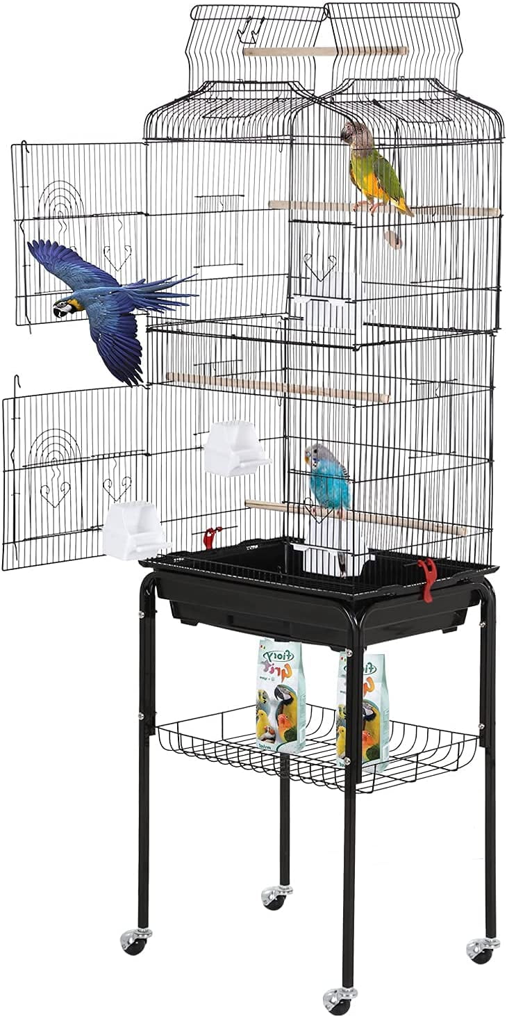 CL.HPAHKL 64-inch Large Bird Cage Play Open Top Design, Metal Parakeet Cage with Rolling Stand & Bottom Tray for Parakeet Lovebirds Ringneck Cockatiels Parrot Cage, Black