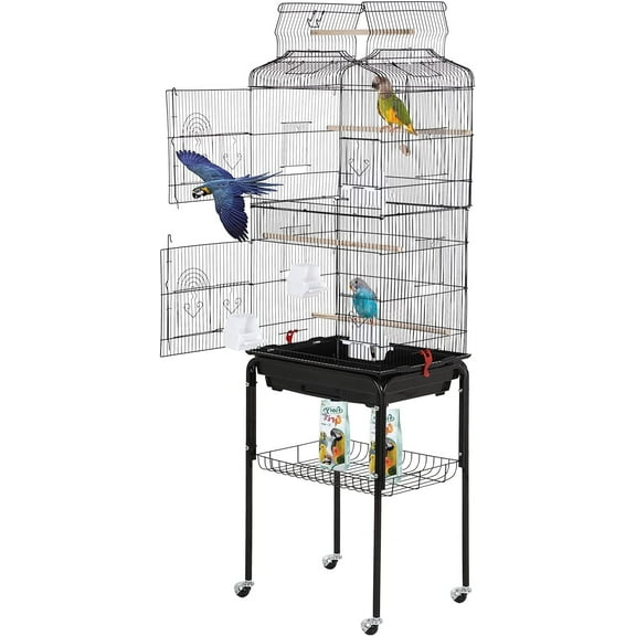 CL.HPAHKL 64-inch Large Bird Cage Play Open Top Design, Metal Parakeet Cage with Rolling Stand & Bottom Tray for Parakeet Lovebirds Ringneck Cockatiels Parrot Cage, Black