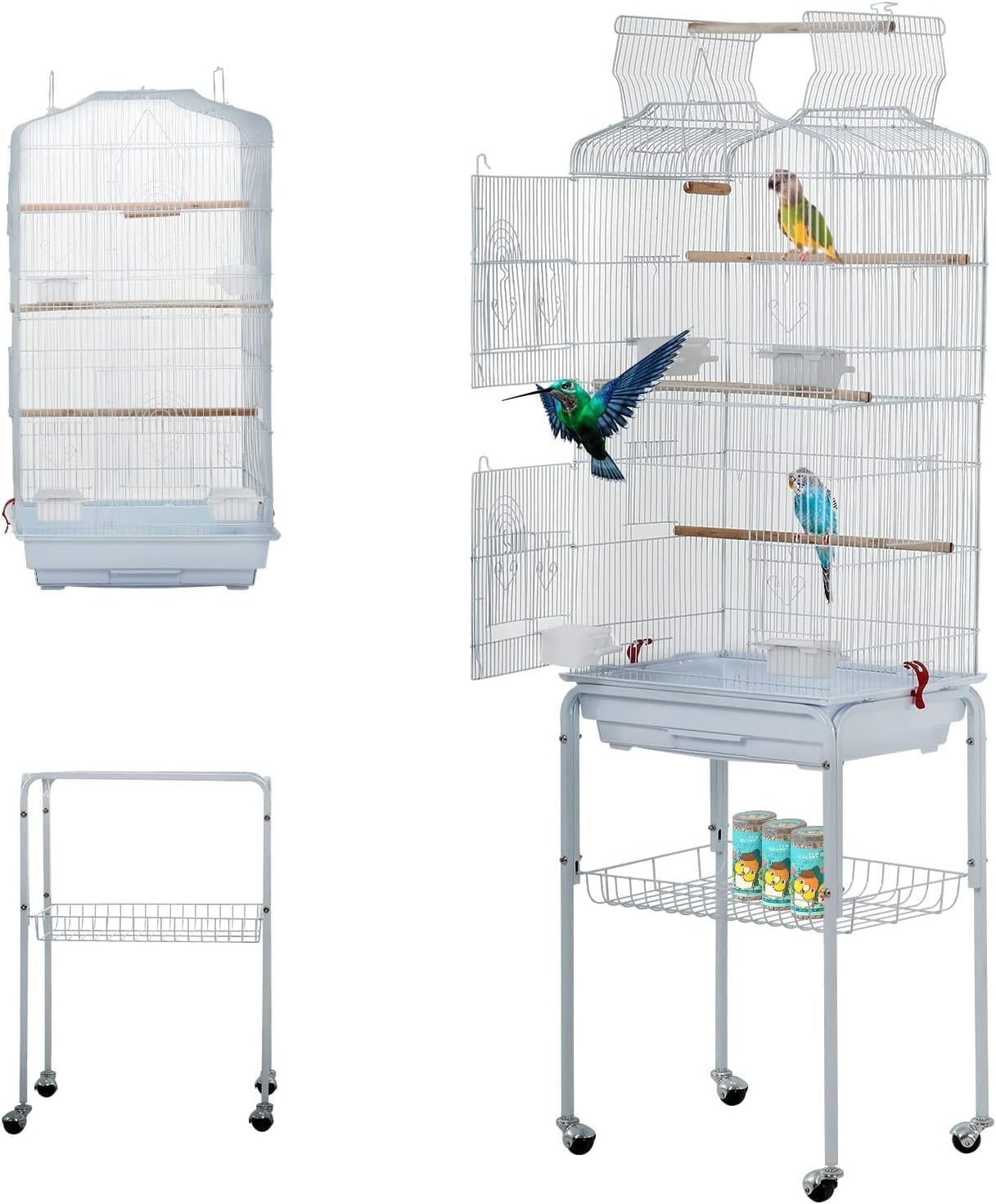 CL.HPAHKL 64-inch Large Bird Cage Play Open Top Design, Metal Parakeet Cage with Rolling Stand & Bottom Tray for Parakeet Lovebirds Ringneck Cockatiels Parrot Cage, White