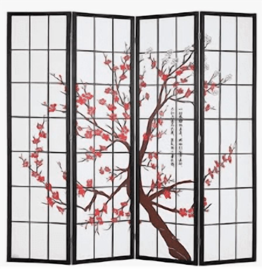 CL.HPAHKL 6Ft Tall 4 Panel Oriental Shoji Screen Room Divider, Portable Freestanding Partition Screen, Folding Privacy Divider With Oil Canvas for Room Separation, Dressing, Plum Blossom