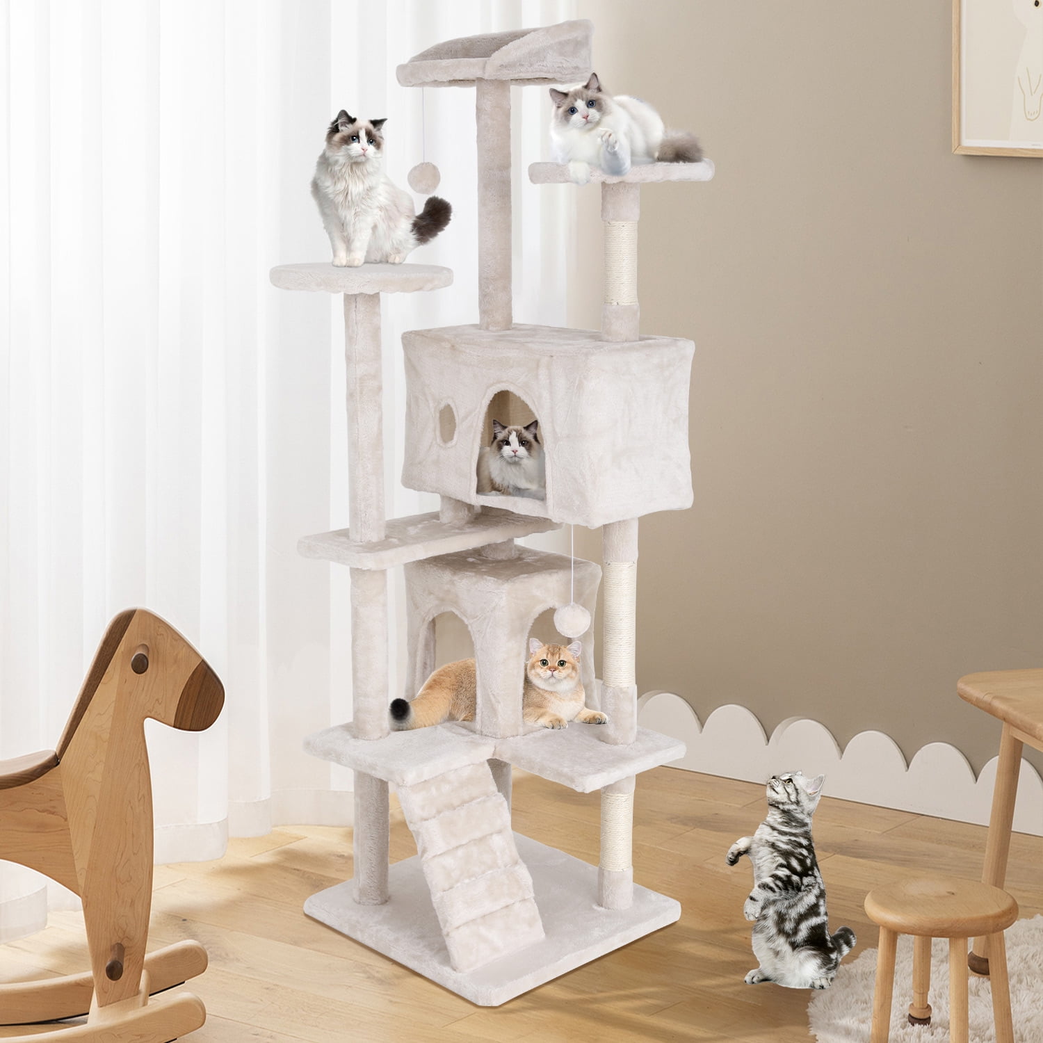 70" Beige Sisal and Faux-Fur Multi-Level Cat Tree Tower