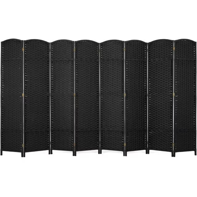 CL.HPAHKL 8 Panel Room Divider 5.57 ft Tall, Folding Privacy Screen with Hand-Woven Design & Solid Wood Frame, Freestanding Room Partition Panel for Home, Office, Black