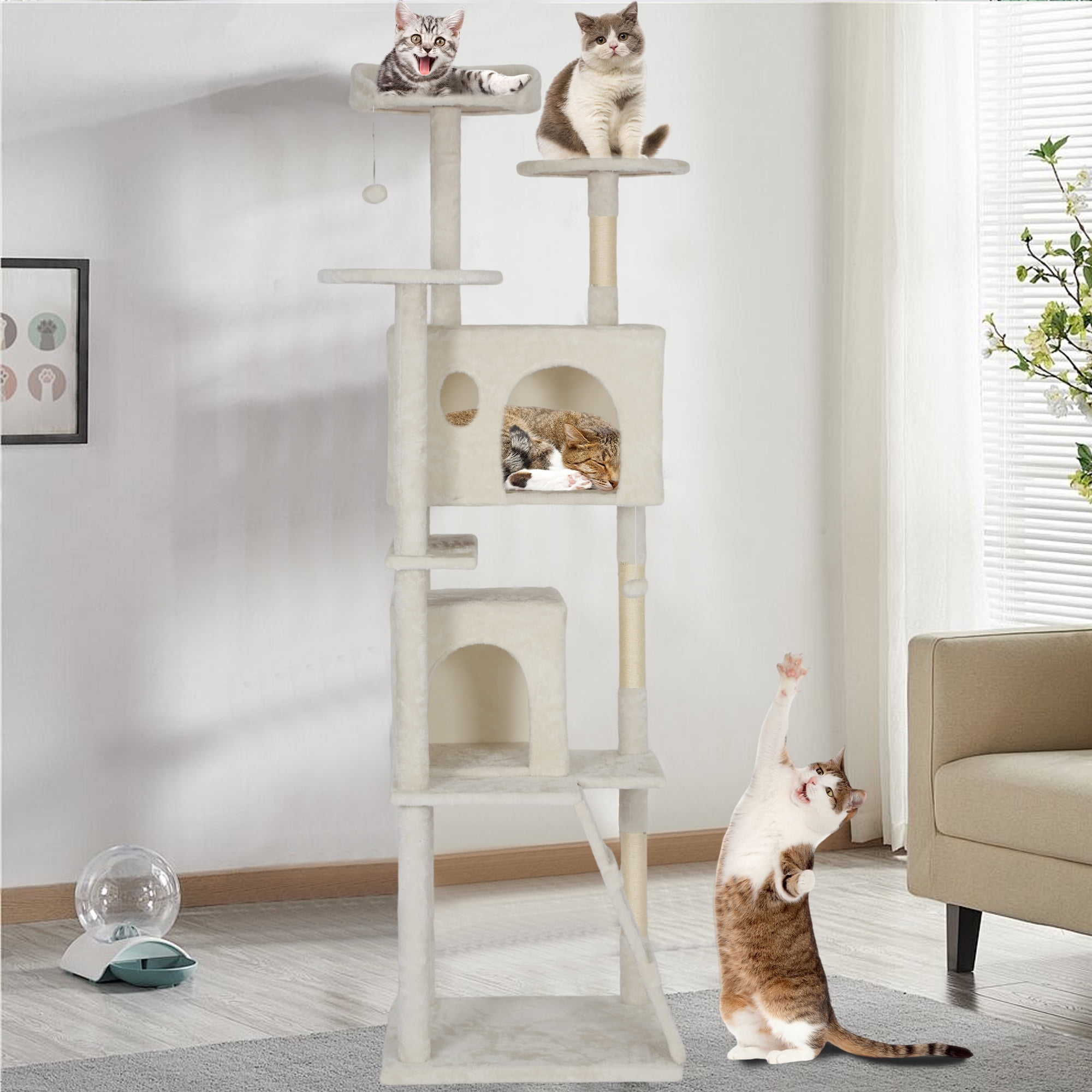 CL.HPAHKL 81 in Cat Tree Tower, Multi-Level Cat Condo Furniture with Scratch Post & Funny Toys for Kittens Pet House Play, Beige