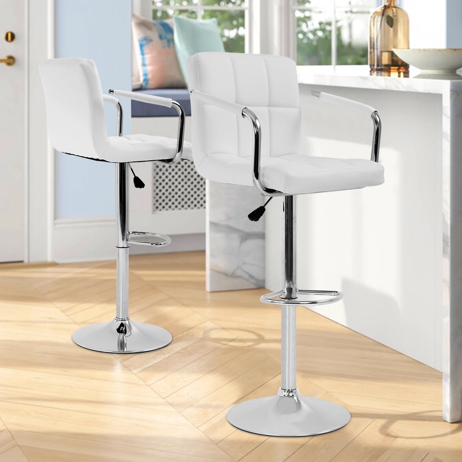 White Adjustable Swivel Leather Bar Stools with Chrome Base, Set of 2