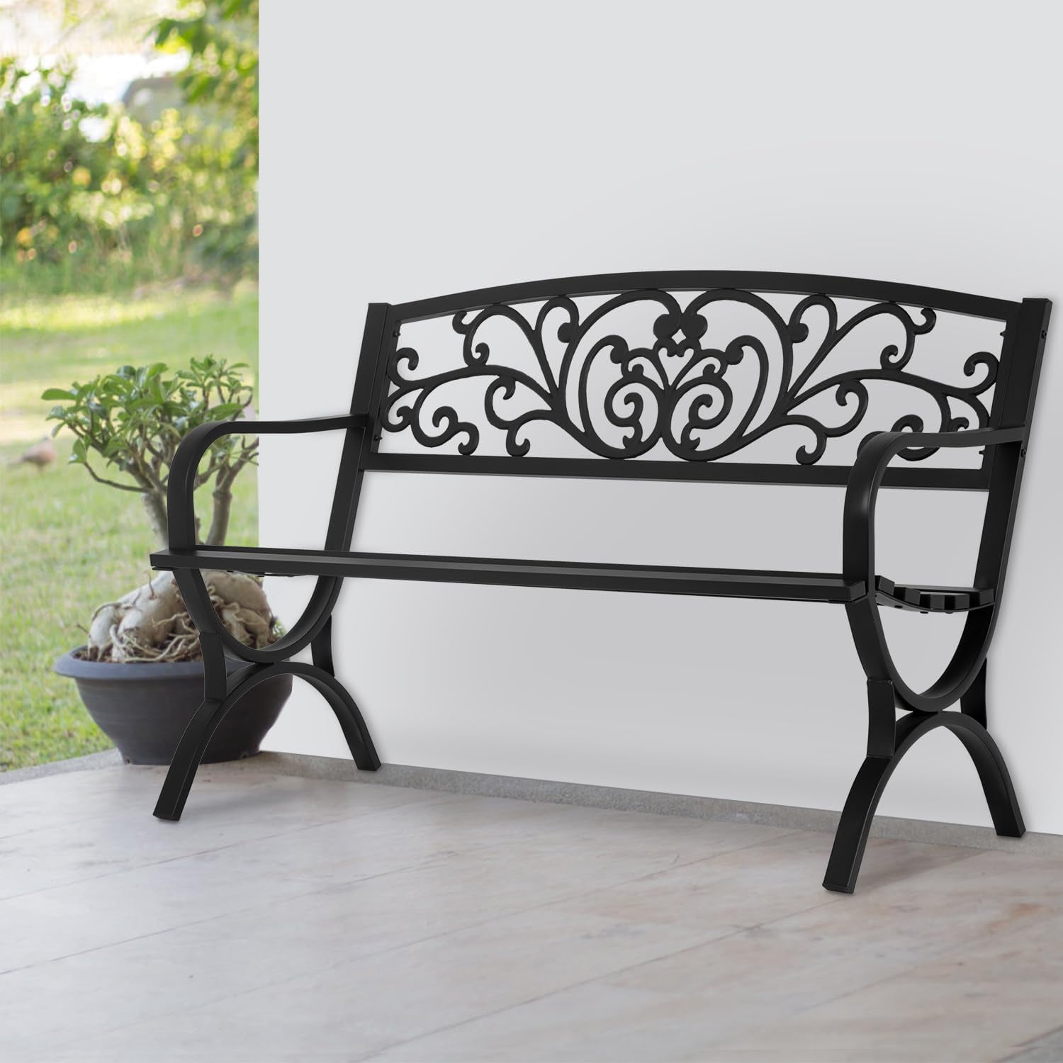 Black 50-Inch Metal Outdoor Garden Bench with Floral Backrest